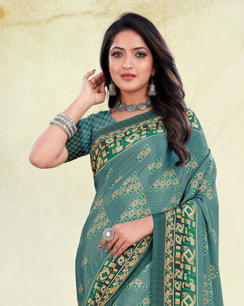Dusty Teal Green And Dark Cyan Digital Print Premium Crepe Saree