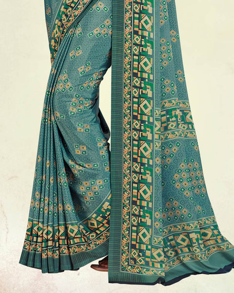 Dusty Teal Green And Dark Cyan Digital Print Premium Crepe Saree