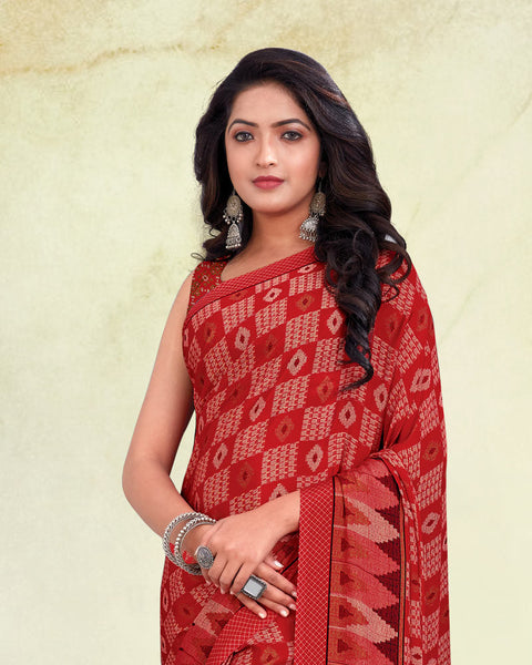 Persian Red And Dusky Rose Pink Digital Print Premium Crepe Saree