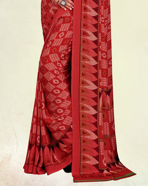 Persian Red And Dusky Rose Pink Digital Print Premium Crepe Saree