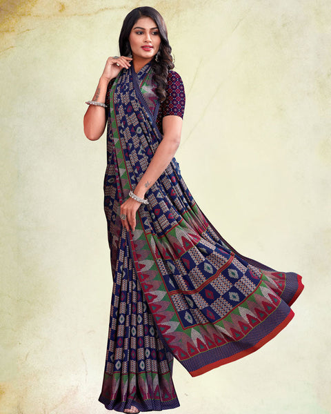Dark Indigo And Shiraz Red Digital Print Premium Crepe Saree