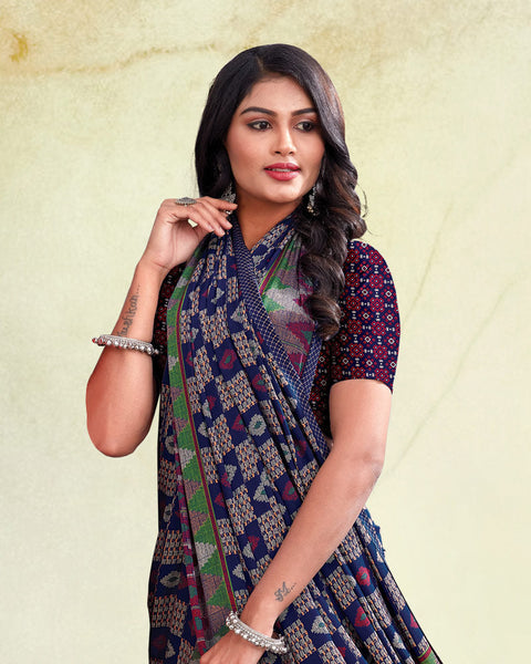 Dark Indigo And Shiraz Red Digital Print Premium Crepe Saree