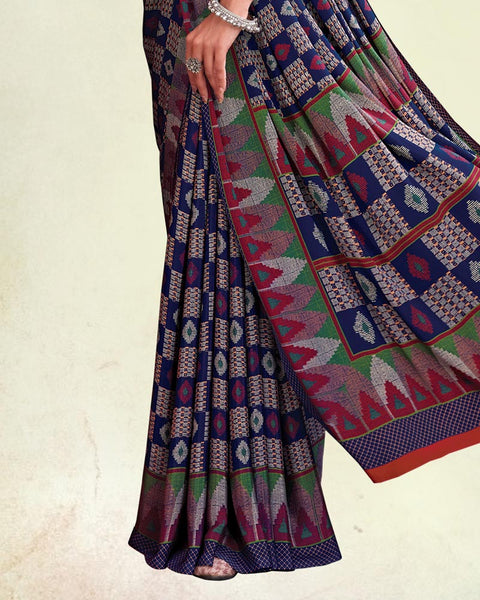 Dark Indigo And Shiraz Red Digital Print Premium Crepe Saree