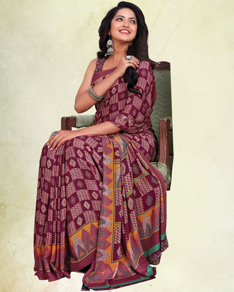Old Mauve And Orchid Pink Digital Print Premium Crepe Saree