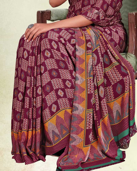 Old Mauve And Orchid Pink Digital Print Premium Crepe Saree