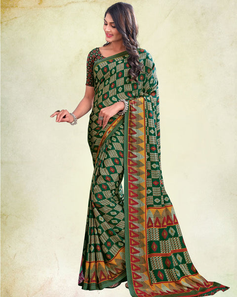 Bottle Green And Dull Orange Digital Print Premium Crepe Saree
