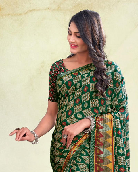 Bottle Green And Dull Orange Digital Print Premium Crepe Saree