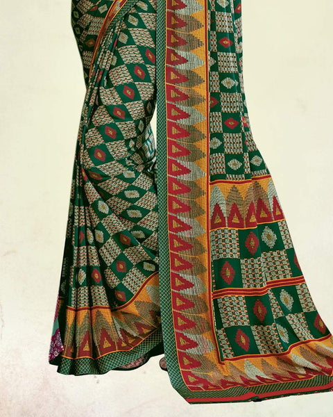 Bottle Green And Dull Orange Digital Print Premium Crepe Saree