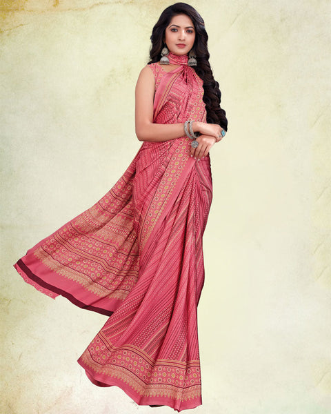 Salmon Pink Digital Print Premium Crepe Saree