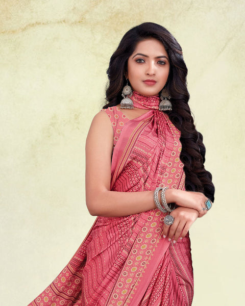 Salmon Pink Digital Print Premium Crepe Saree