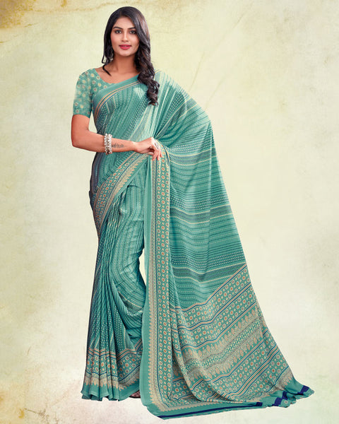 Aqua Forest Green Digital Print Premium Crepe Saree