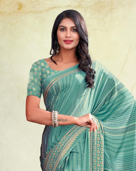 Aqua Forest Green Digital Print Premium Crepe Saree