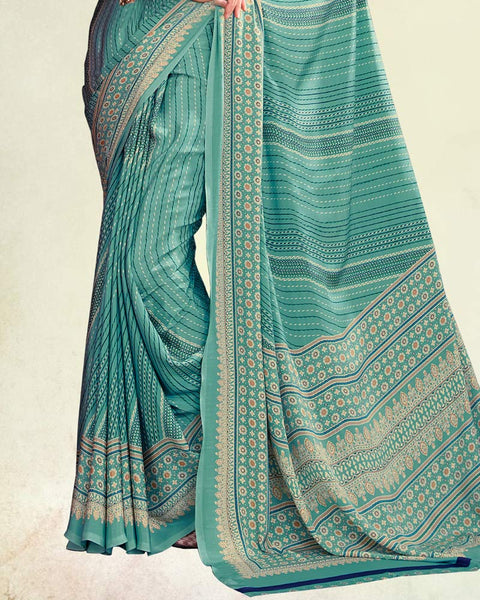 Aqua Forest Green Digital Print Premium Crepe Saree