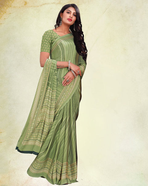 Metallic Khaki Green Digital Print Premium Crepe Saree