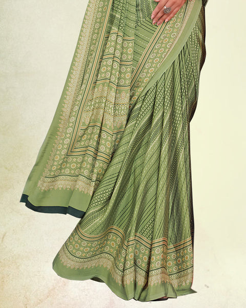 Metallic Khaki Green Digital Print Premium Crepe Saree