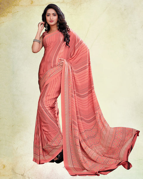 Dark Salmon Pink Digital Print Premium Crepe Saree