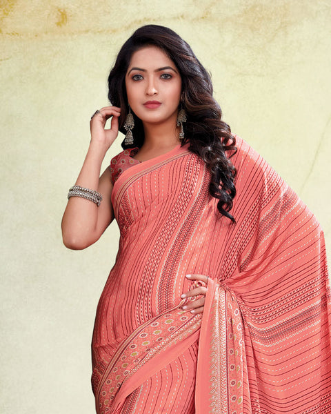 Dark Salmon Pink Digital Print Premium Crepe Saree