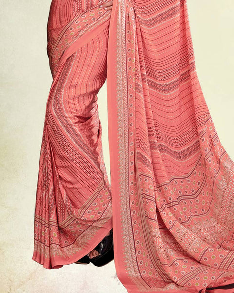 Dark Salmon Pink Digital Print Premium Crepe Saree