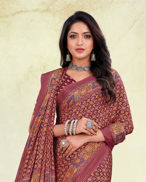 Persian Plum And Copper Yellow Digital Print Premium Crepe Saree