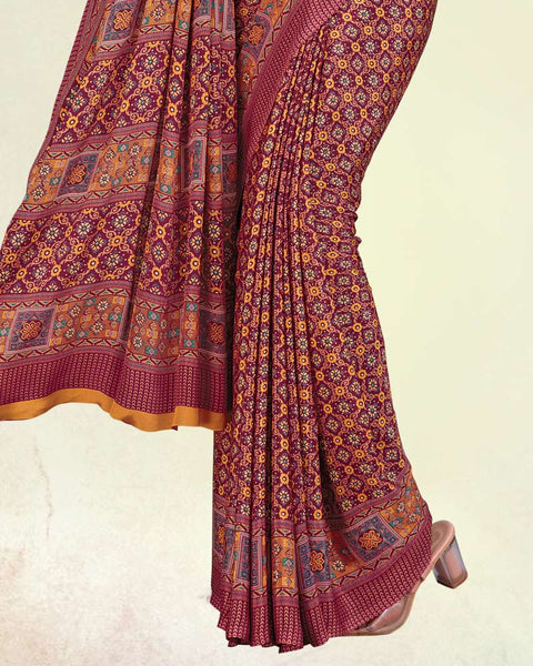 Persian Plum And Copper Yellow Digital Print Premium Crepe Saree