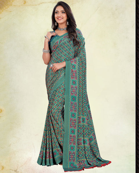 Teal Green Digital Print Premium Crepe Saree