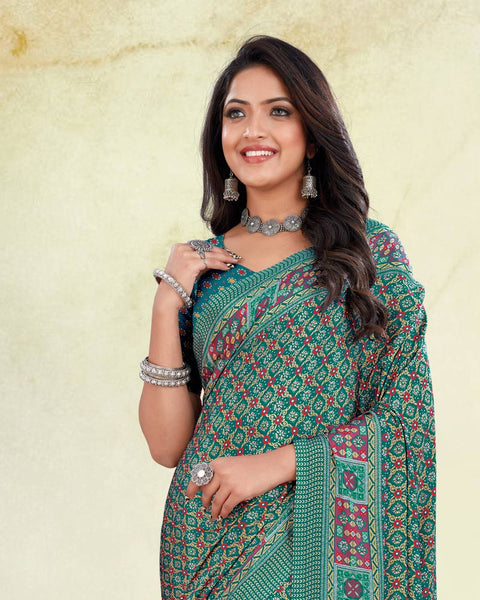 Teal Green Digital Print Premium Crepe Saree