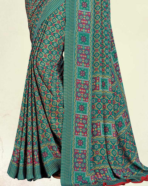 Teal Green Digital Print Premium Crepe Saree