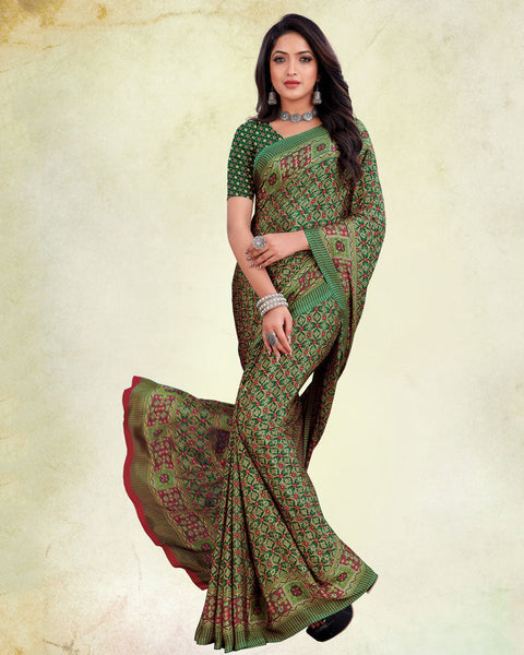 Forest Green Digital Print Premium Crepe Saree