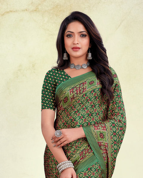 Forest Green Digital Print Premium Crepe Saree
