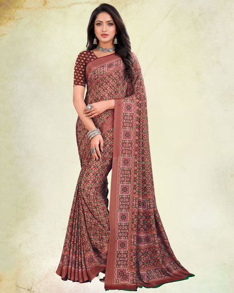 Old Rose Pink And Deep Wine Digital Print Premium Crepe Saree