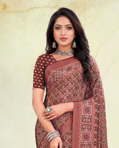 Old Rose Pink And Deep Wine Digital Print Premium Crepe Saree