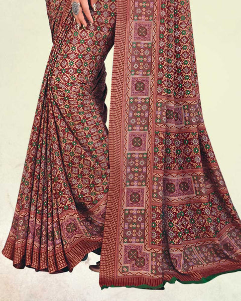 Old Rose Pink And Deep Wine Digital Print Premium Crepe Saree