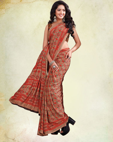 Dark Pastel Red And Peach Pink Digital Print Premium Crepe Saree