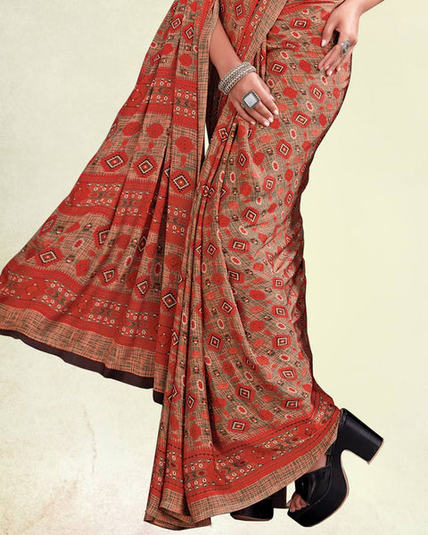 Dark Pastel Red And Peach Pink Digital Print Premium Crepe Saree