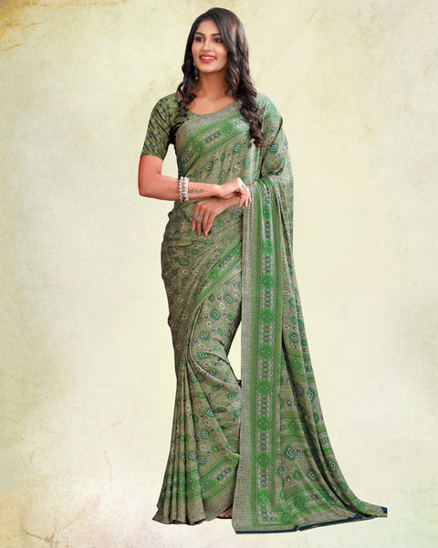 Military Green And Pastel Brown Digital Print Premium Crepe Saree