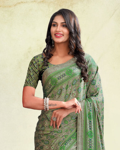 Military Green And Pastel Brown Digital Print Premium Crepe Saree