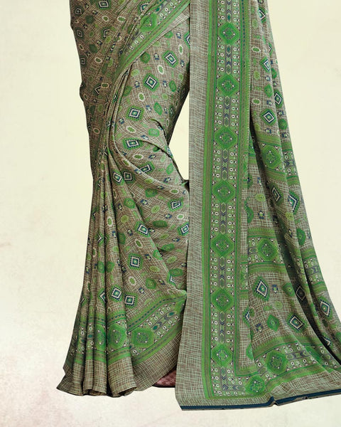 Military Green And Pastel Brown Digital Print Premium Crepe Saree