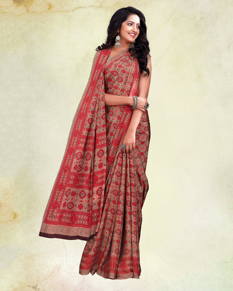 Brick Red And Light Coral Digital Print Premium Crepe Saree