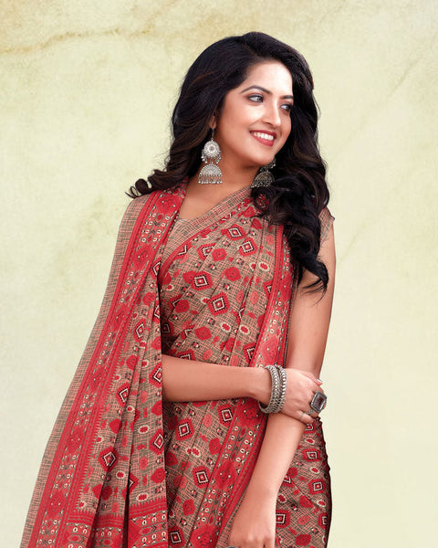 Brick Red And Light Coral Digital Print Premium Crepe Saree
