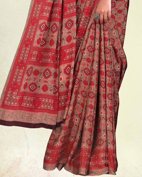 Brick Red And Light Coral Digital Print Premium Crepe Saree