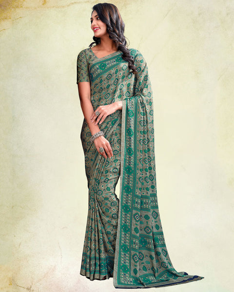 Deep Sea Green And Dusty Grey Digital Print Premium Crepe Saree