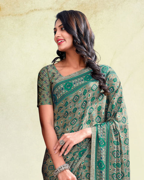 Deep Sea Green And Dusty Grey Digital Print Premium Crepe Saree
