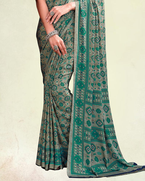 Deep Sea Green And Dusty Grey Digital Print Premium Crepe Saree