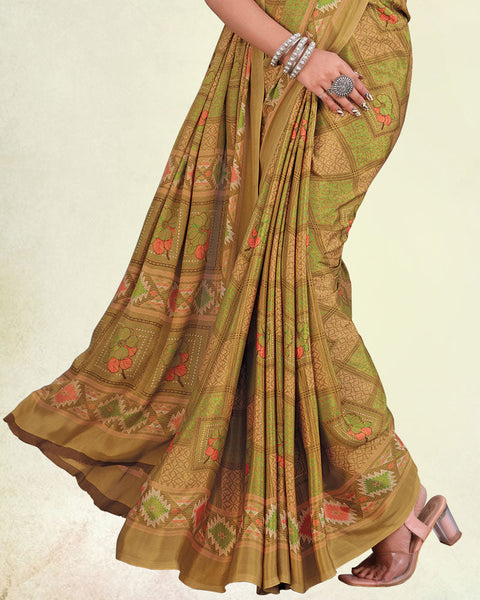 Sand Brown And Khaki Green Digital Print Premium Crepe Saree