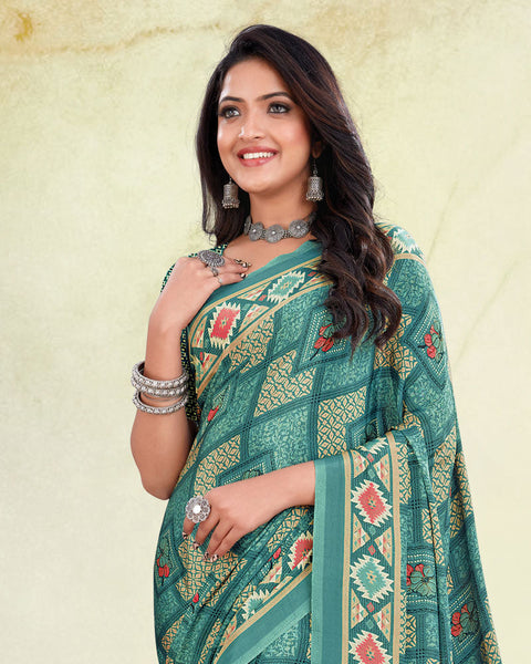 Sea Green And Tan Brown Digital Print Premium Crepe Saree