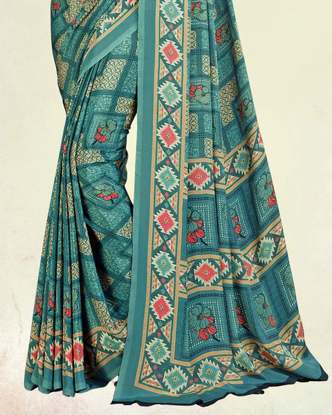 Sea Green And Tan Brown Digital Print Premium Crepe Saree