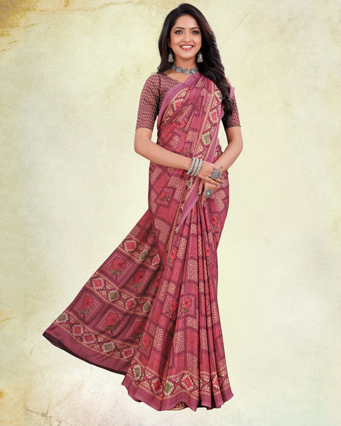 Dusky Rose Pink And Mauve Digital Print Premium Crepe Saree