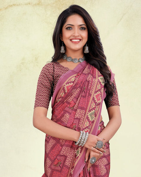 Dusky Rose Pink And Mauve Digital Print Premium Crepe Saree