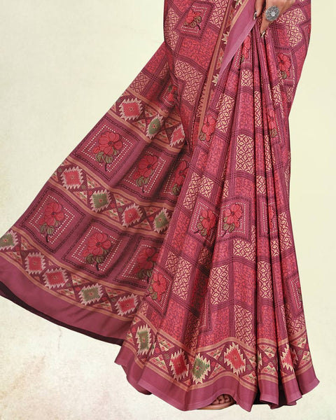 Dusky Rose Pink And Mauve Digital Print Premium Crepe Saree