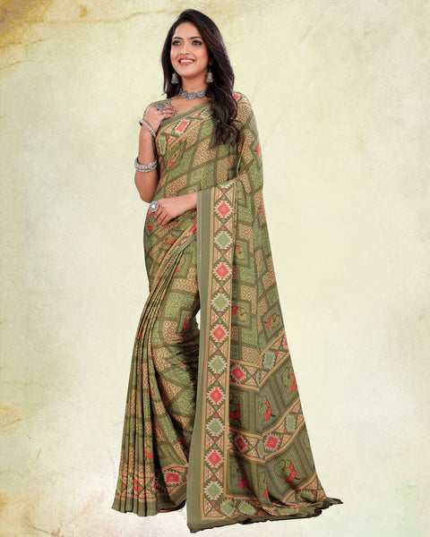 Ash Green Digital Print Premium Crepe Saree